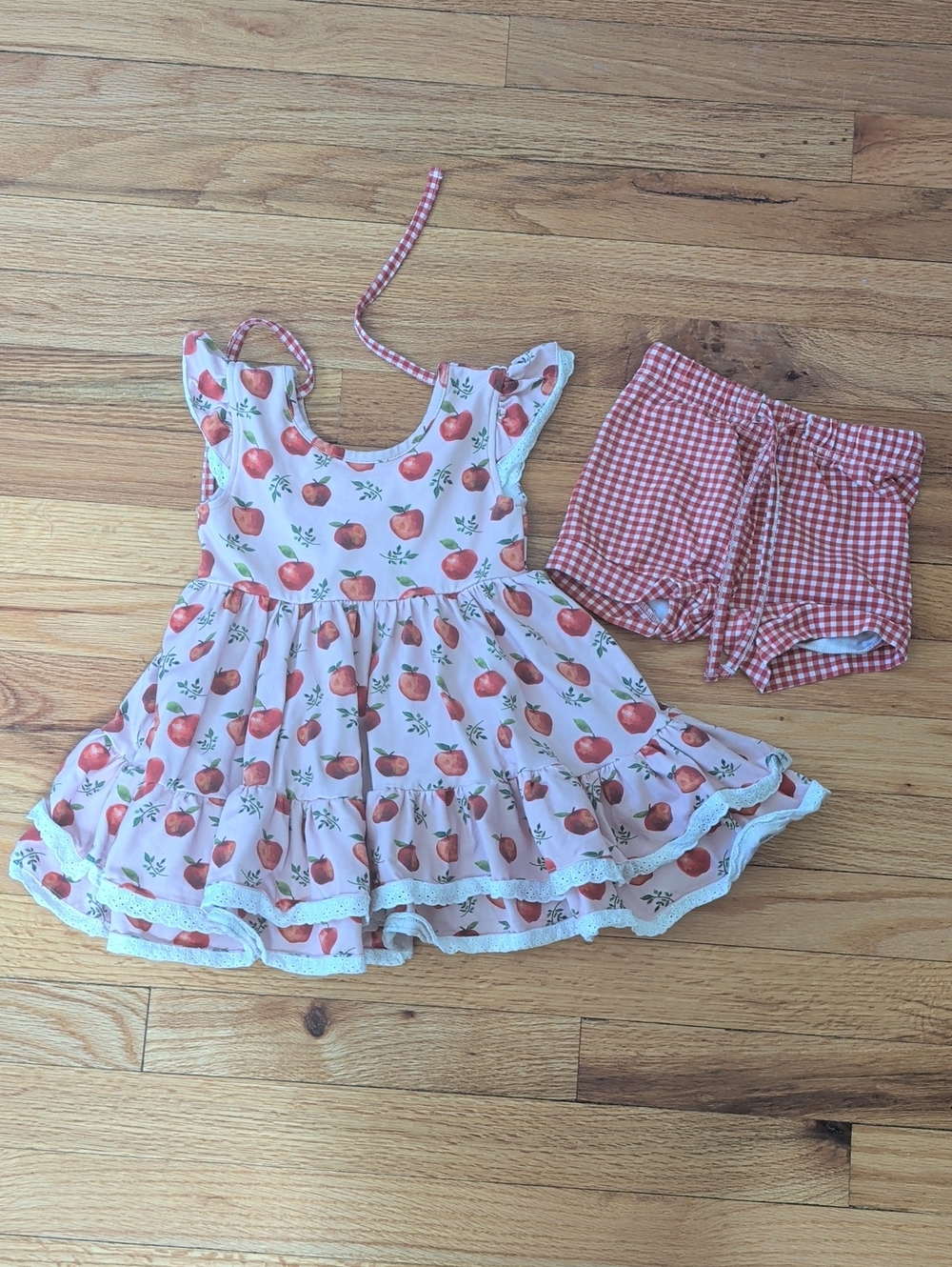 Love And Grow Apple Print Back To School Ruffle Dress with Gingham Shorts Set 2t